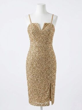Gold Sequin Midi Dress with Spaghetti Straps